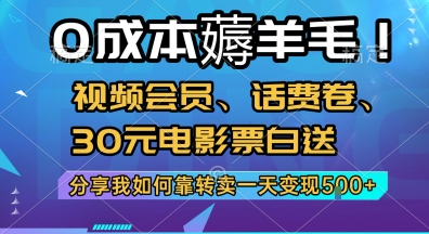 0成本薅羊毛!视频会员、话费卷、30元电影票白送，分享我如何靠转卖一天变现5张+【揭秘】-小根博客
