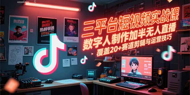 三平台短视频实战课，数字人制作加半无人直播，覆盖20+赛道剪辑与运营技巧-小根博客